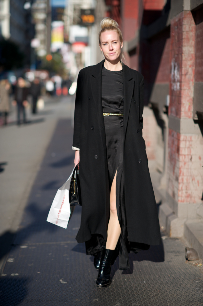 woman wearing black maxi dress and maxi coat