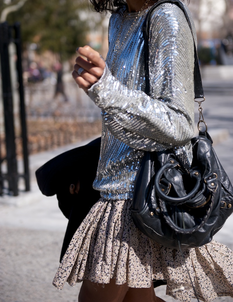 karen blanchard fashion blogger wearing sequin top and balenciaga city bag