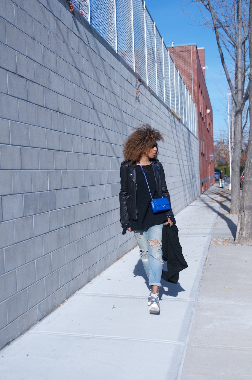 Fashion blogger karen blanchard wearing a Lucky Brand black leather jacket with Stella McCartney platform shoes and zara boyfriend jeans