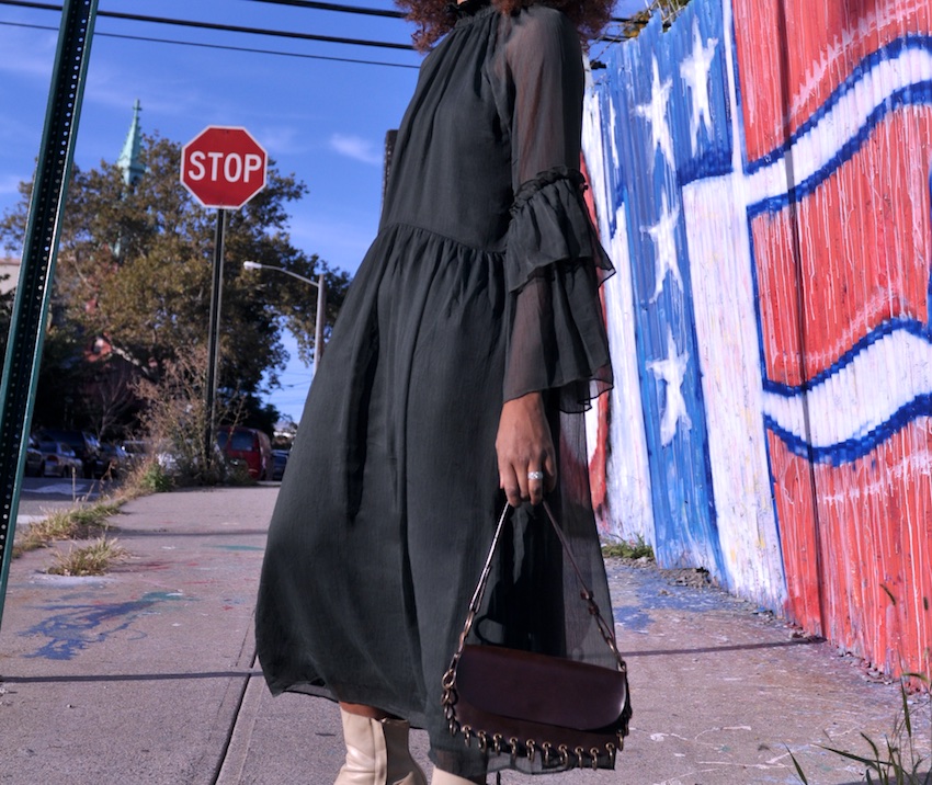 H&M ruffle dress with vintage brown leather bag and Olivia Morris white ankle boots