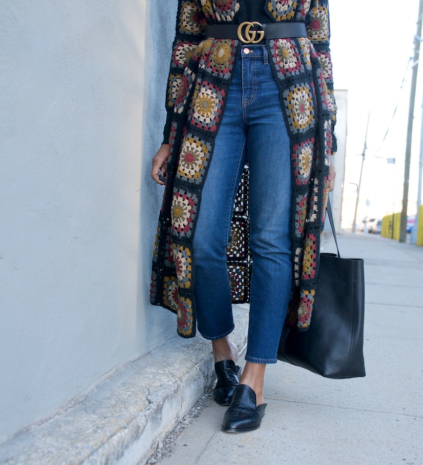 Madewell black transport tote, transport tote, robert clergerie Alice mules, loafers, madewell denim, madewell jeans, high waist jeans, crochet cardigan, zara cardigan coat, Gucci marmont