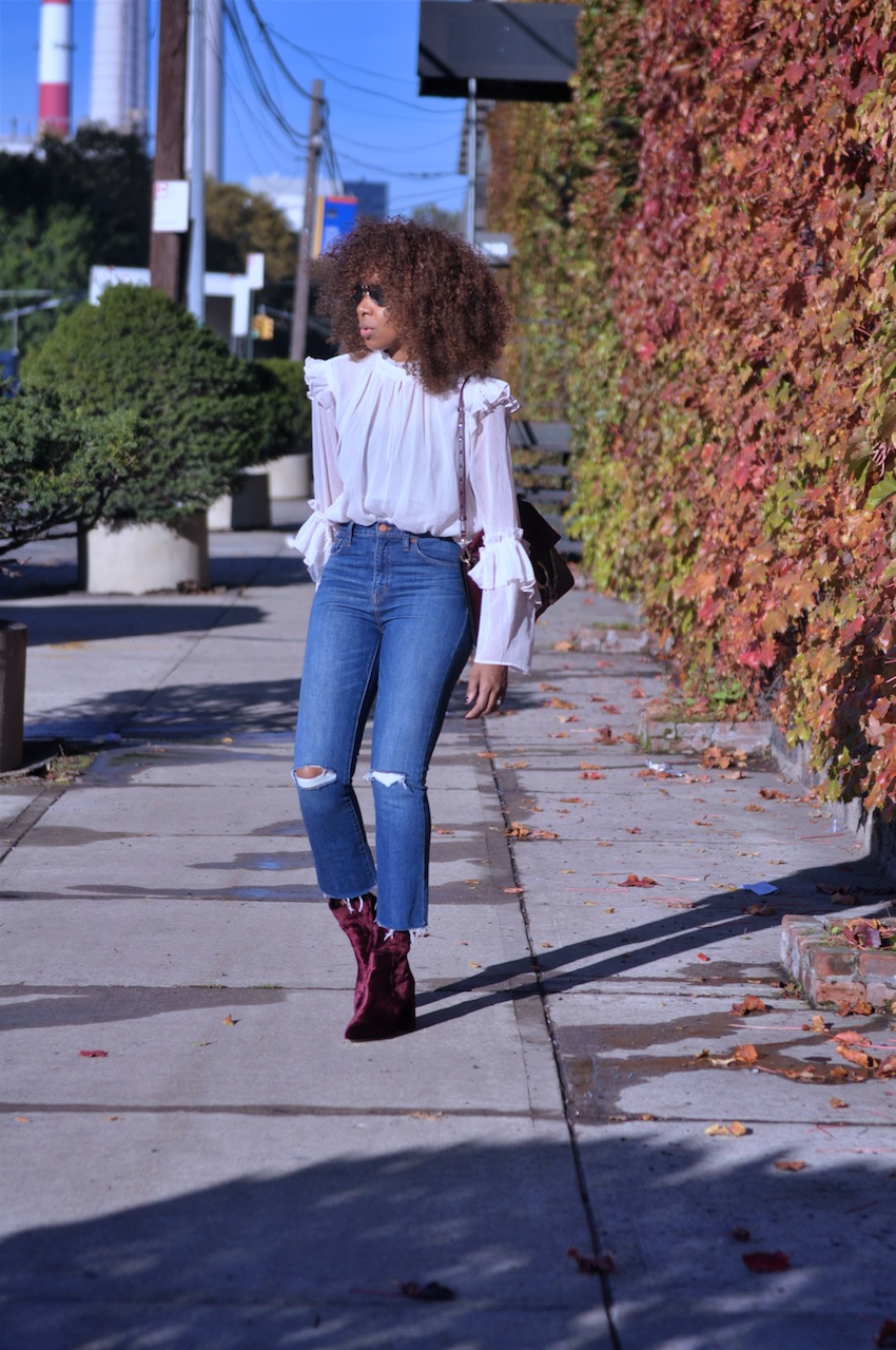 red velvet ankle boots with madewell jeans and H&M romantic blouse
