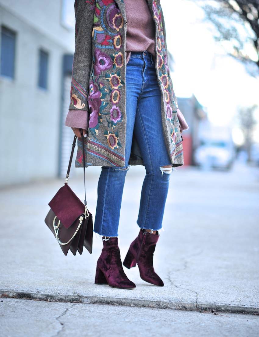 Karen Blanchard the fashion blogger wearing the Chloe Faye bag and Steve Madden velvet ankle boots