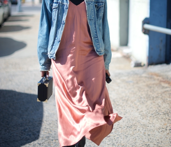 karen blanchard the fashion blogger wearing an H&M satin slip dress with a denim jacket