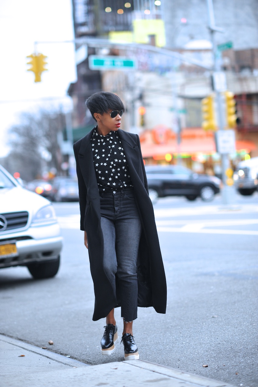 Karen Blanchard the fashion blogger wearing Stella McCartney platform shoes and high waisted jeans from H&M