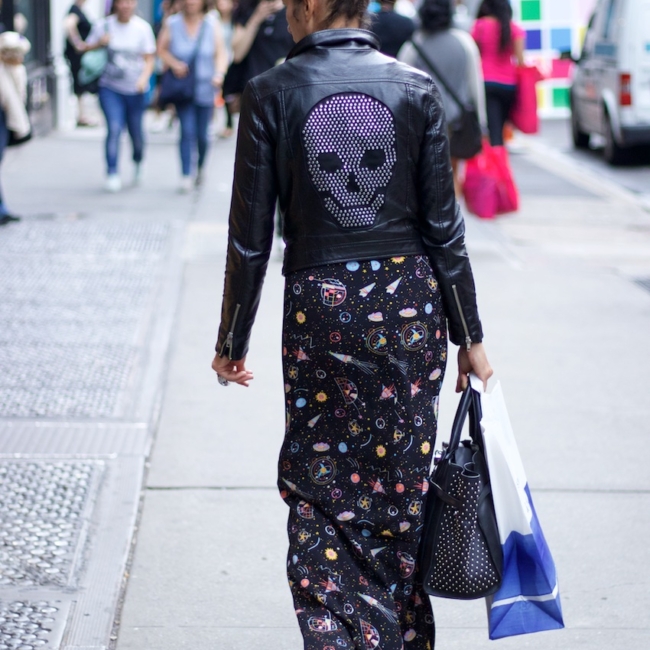 black leather studded jackets with floral print maxi skirts