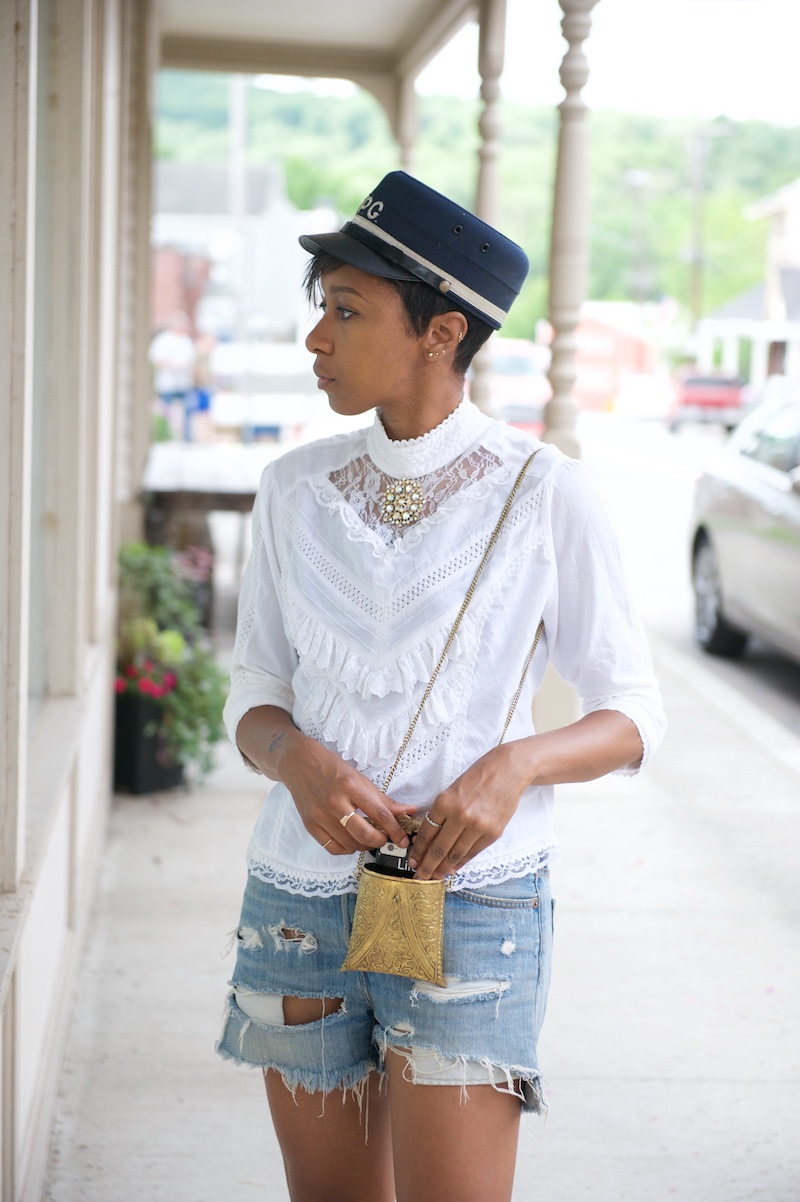 miltary hat, metal purse, metal bag