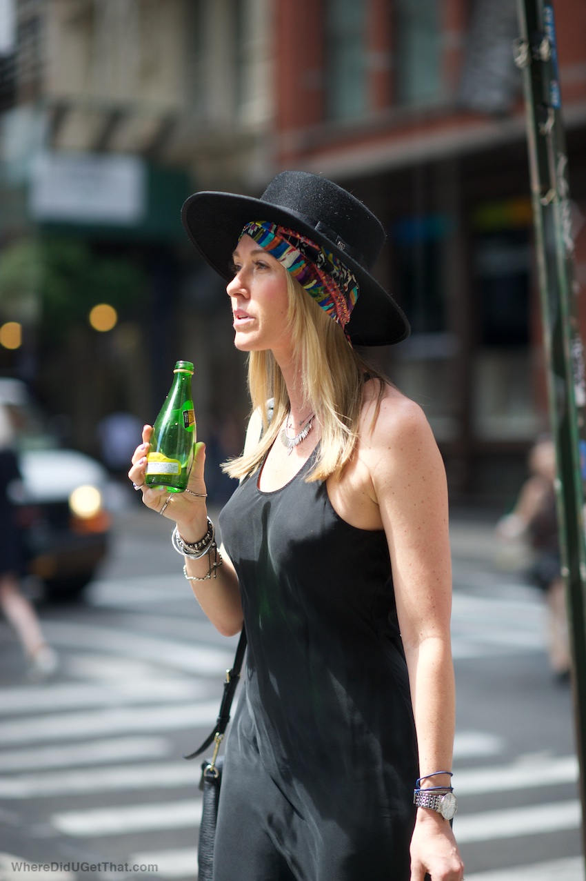 black slip dress, fedora, bolero hat