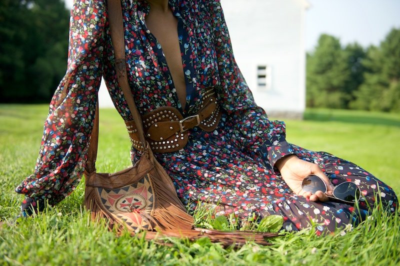 maxi dress, fringe bag, studded belt
