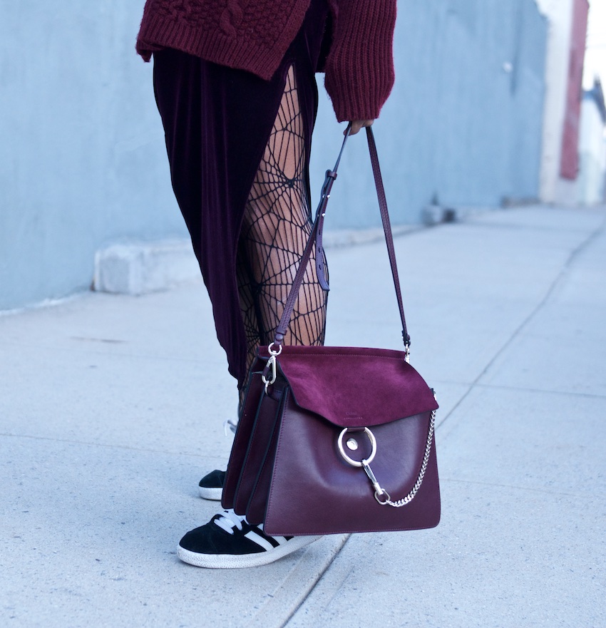 Karen Blanchard with the Chloe Faye bag in dark purple and velvet skirt