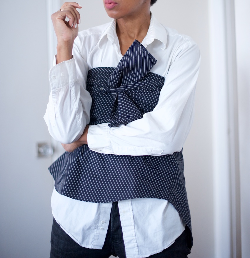 Karen Blanchard the fashion blogger showing how to wear the shirt trend