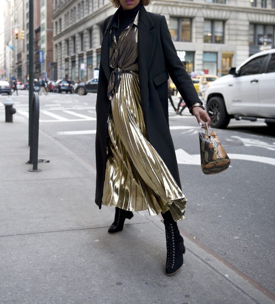 gold pleated skirt