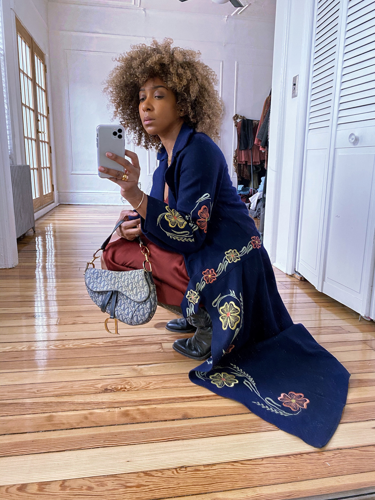 Embroidered coat selfie