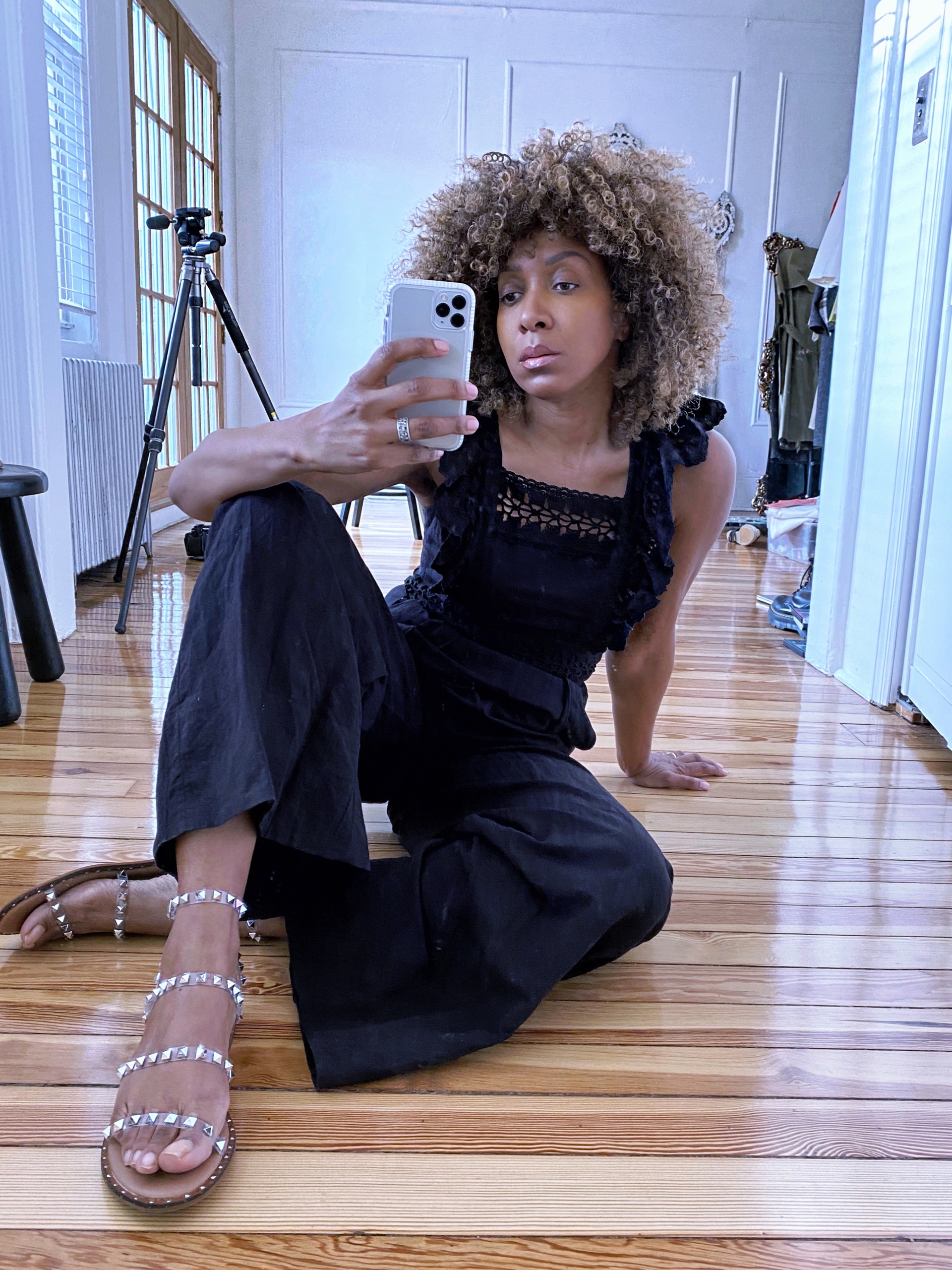 jumpsuit and clear sandals