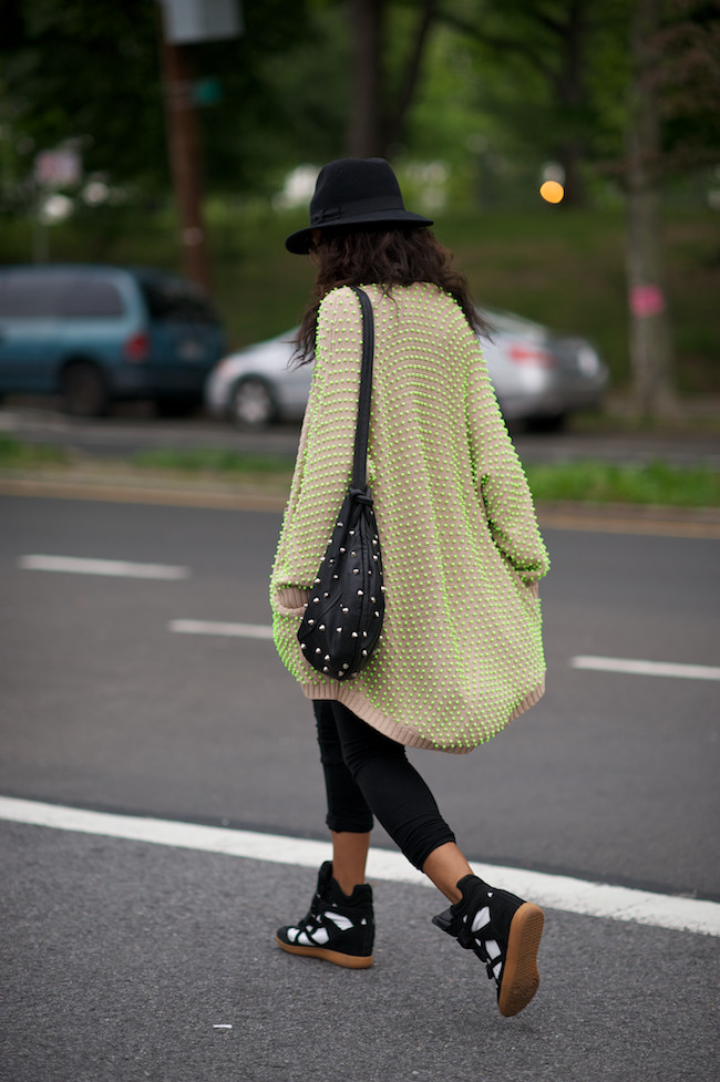 Neon sweater and high top sneakers