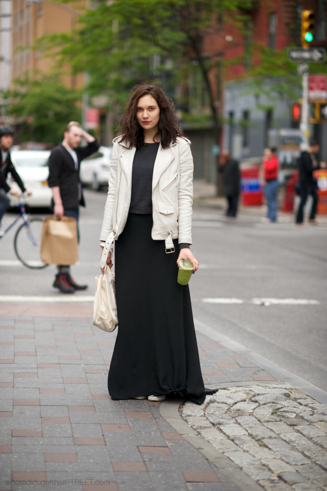 Girl in BLK Denim white leather jacket and black maxi skirt