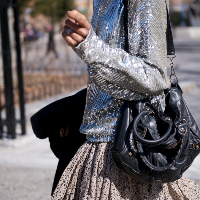karen blanchard fashion blogger wearing sequin top and balenciaga city bag