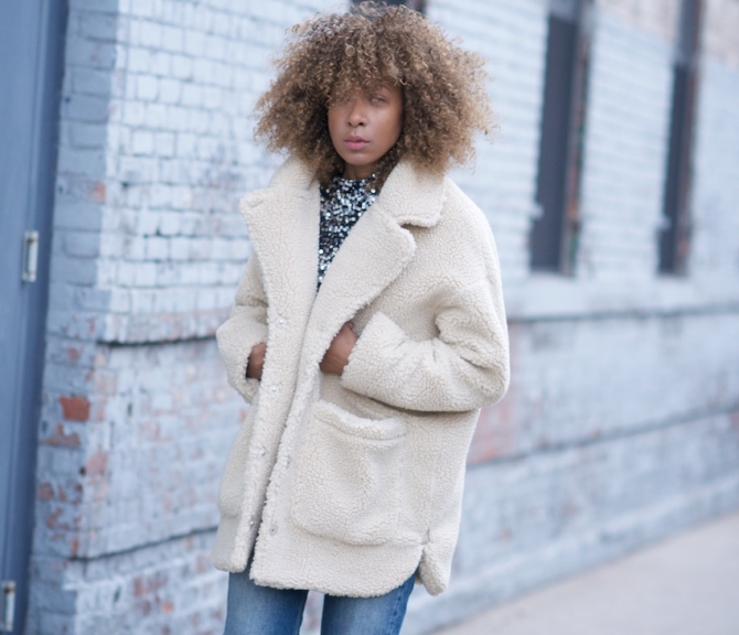 teddy coat, monki coat, monki teddy coat, faux fur coats, oversized teddy coat, sequin top, high waist jeans