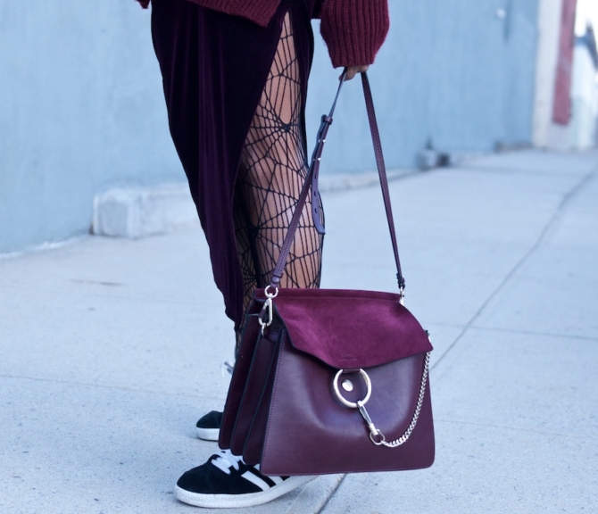 Karen Blanchard with the Chloe Faye bag in dark purple and velvet skirt