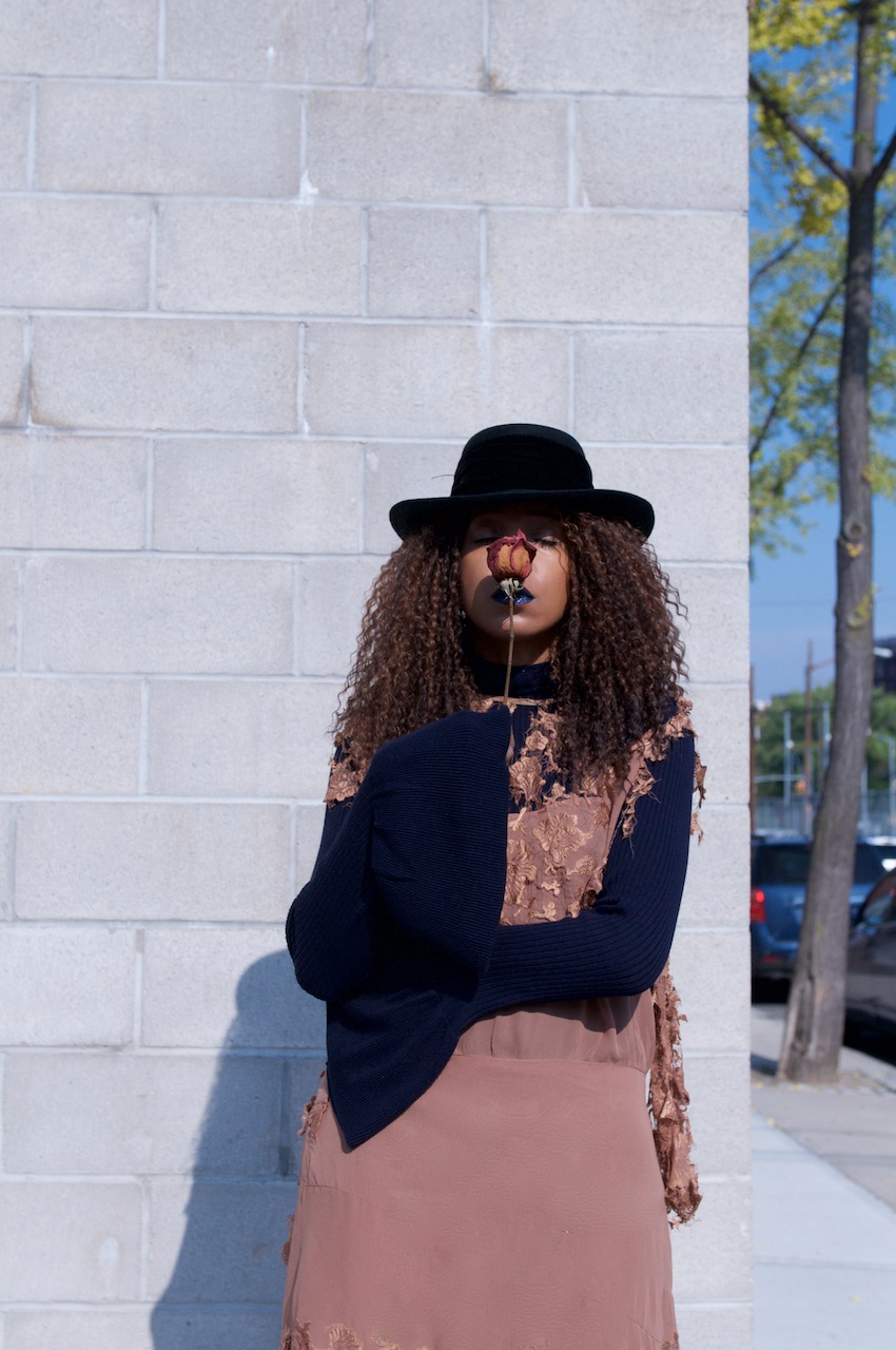 lace maxi dress with black fedora and NYX metal lipstick 