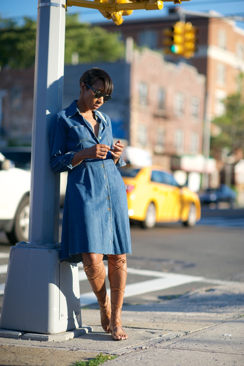 denim dress, gladiator sandals