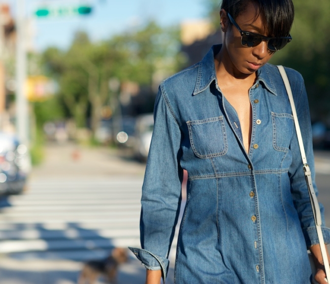 denim dress, ray ban club master, retro denim dress