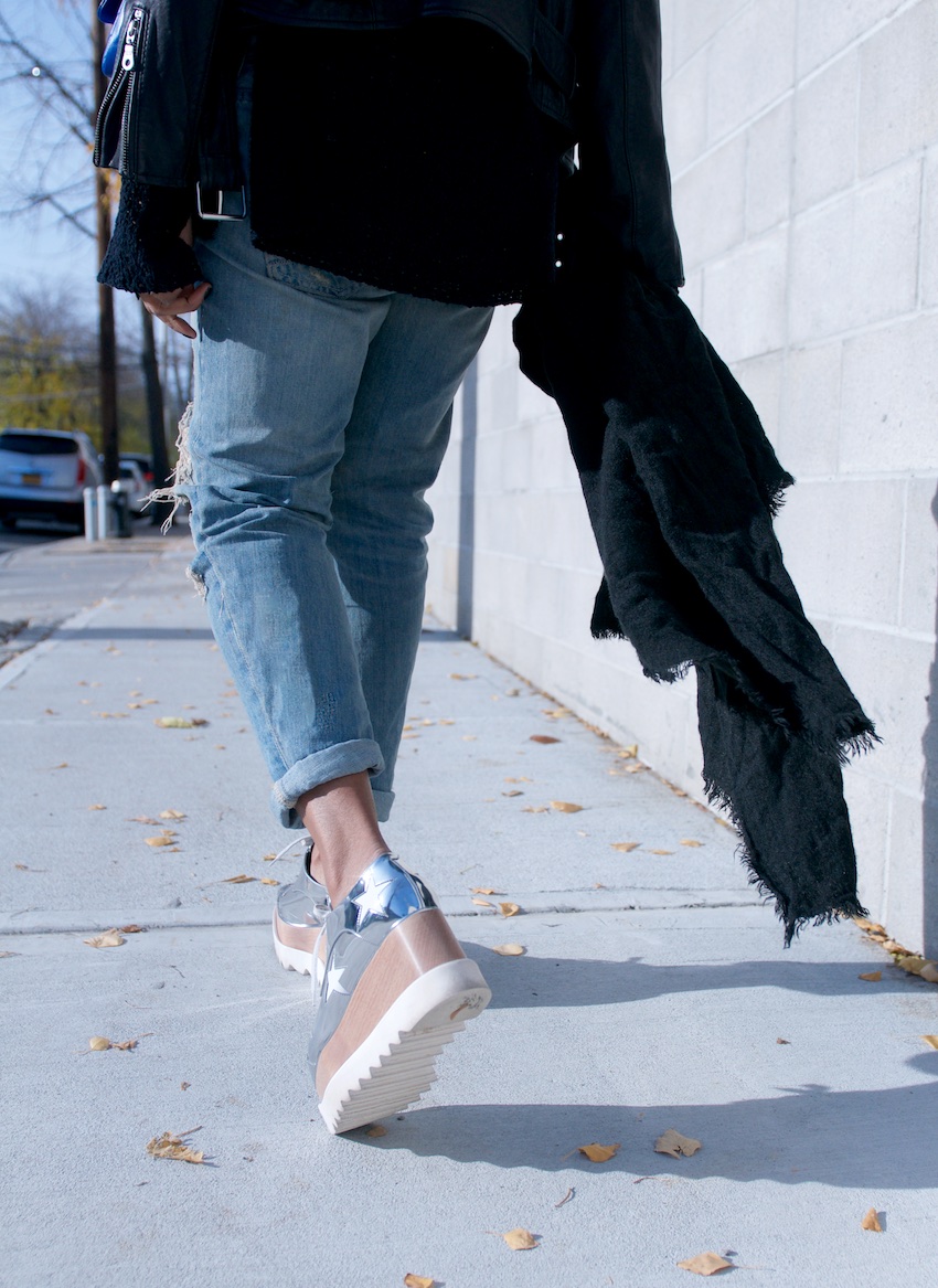 Fashion blogger Karen Blanchard in stella mccartney elyse metallic silver platform shoes and ripped boyfriend jeans from zara