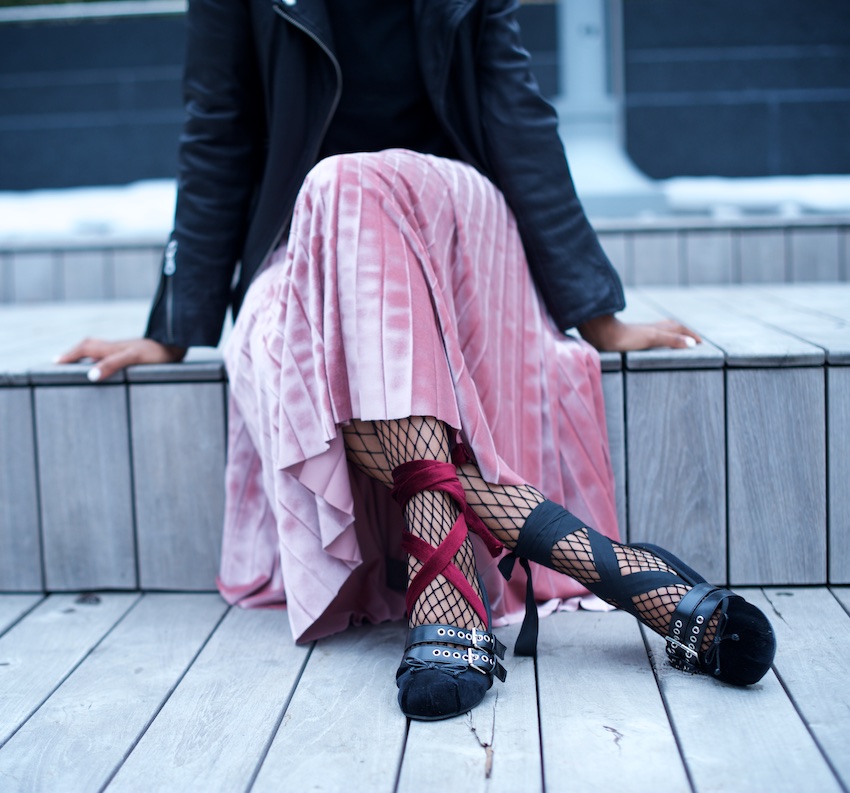 karen blanchard the black fashion blogger wearing miu miu velvet ballet flats