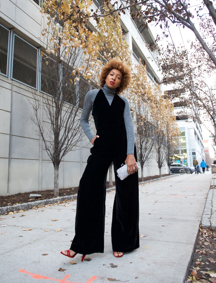 Black velvet jumpsuit store outfit