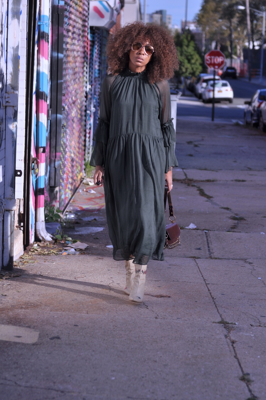 white ankle boots with H&M ruffle sleeve dress and chloe sunglasses