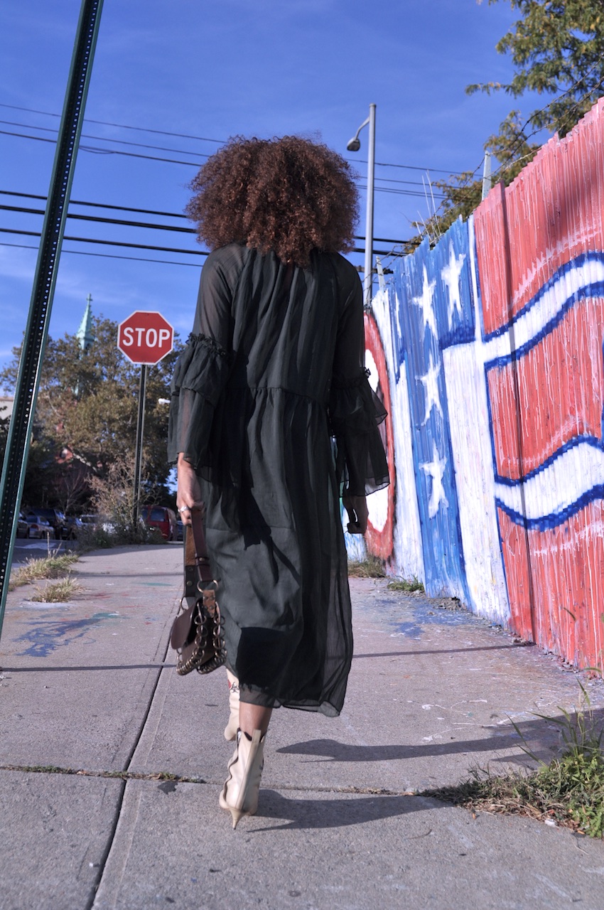 H&M maxi dress with ruffle sleeves and white ankle boots