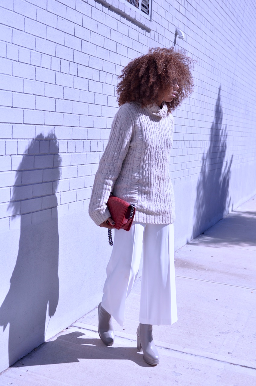 Chanel caviar red boy bag and white wide leg culottes with grey ankle boots