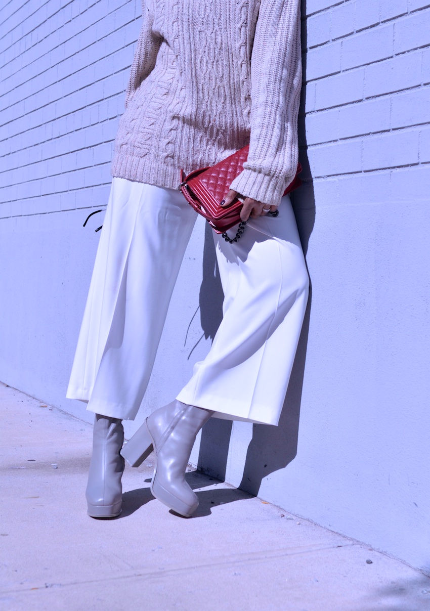 grey platform ankle boots with Chanel medium red boy bag