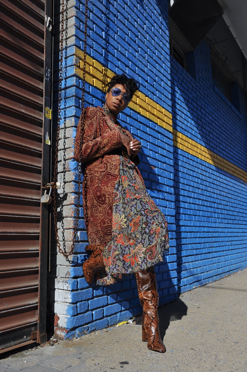 Karen Blanchard wearing a zara maxi floral print dress with steve madden snakeskin boots