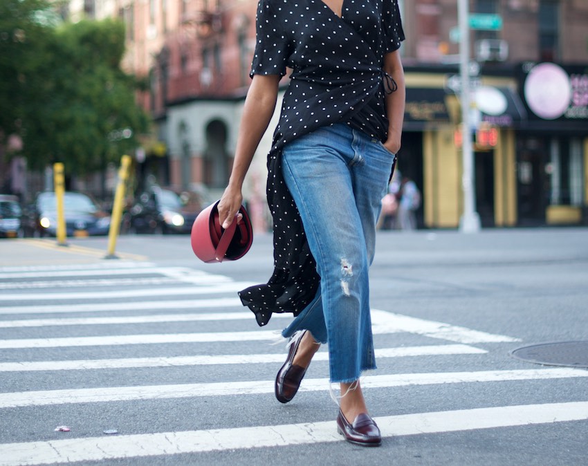 Topshop cherry bucket bag and polka dot midi wrap dress