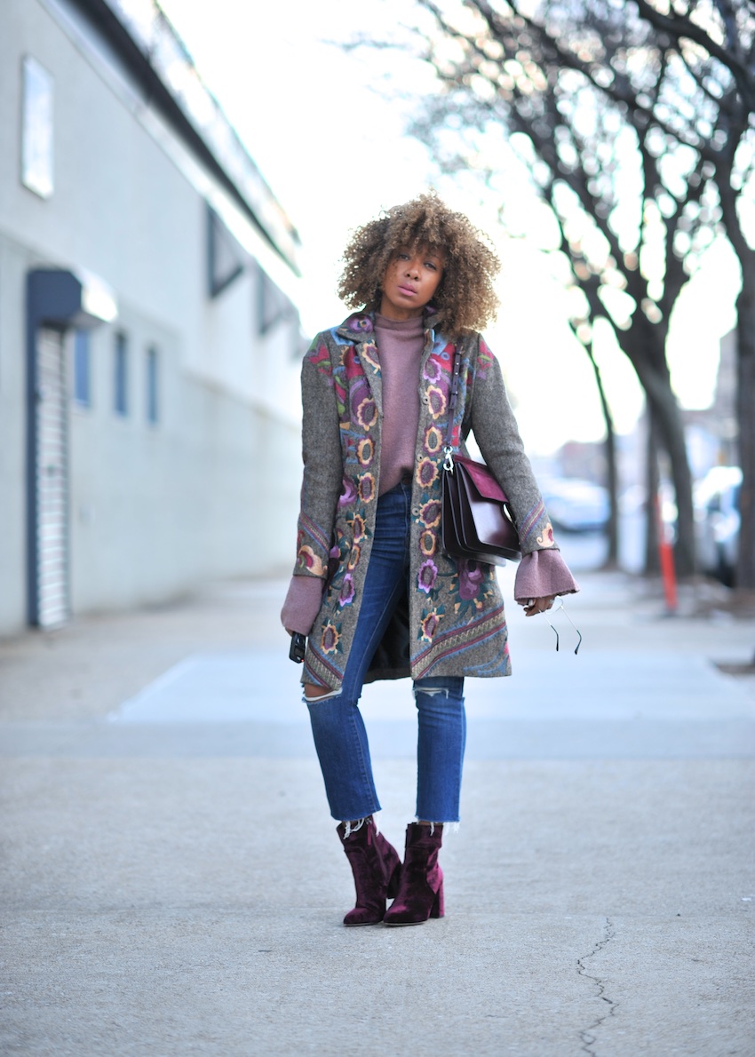 Karen Blanchard wearing the Chloe Faye bag and Steve Madden velvet ankle boots