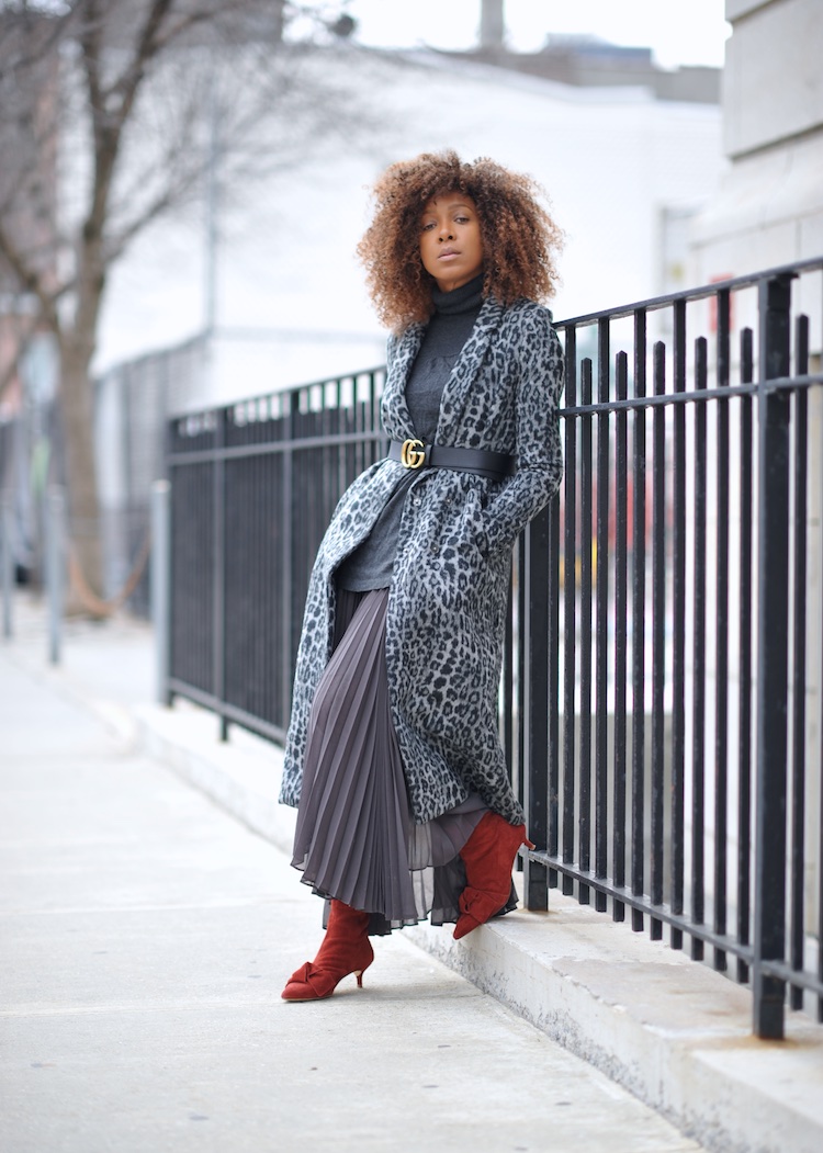 leopard print coat and pleated skirt with zara bow kitten heel boots