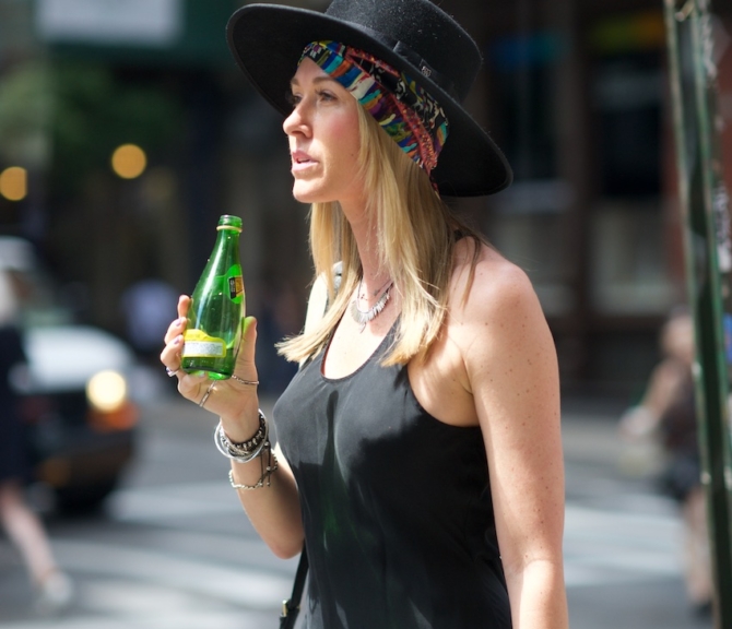 black slip dress, fedora, bolero hat