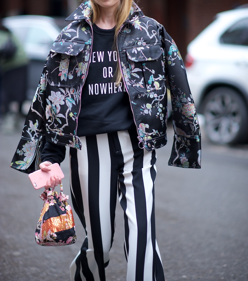 H&M Floral bomber jacket and wide leg stripe pants