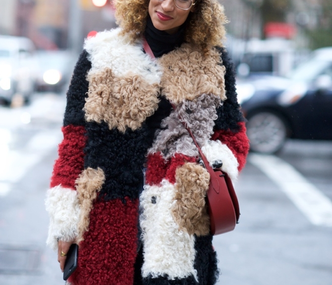 Elaine Welteroth wearing a patchwork fur coat