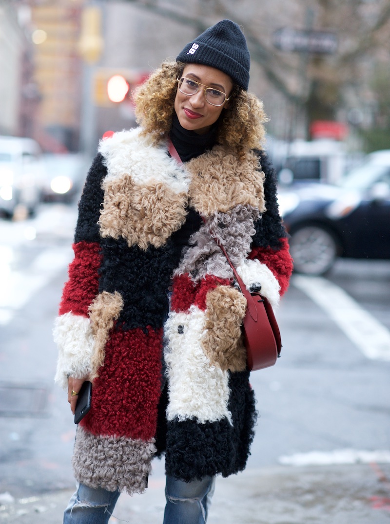 Elaine Welteroth wearing a patchwork fur coat