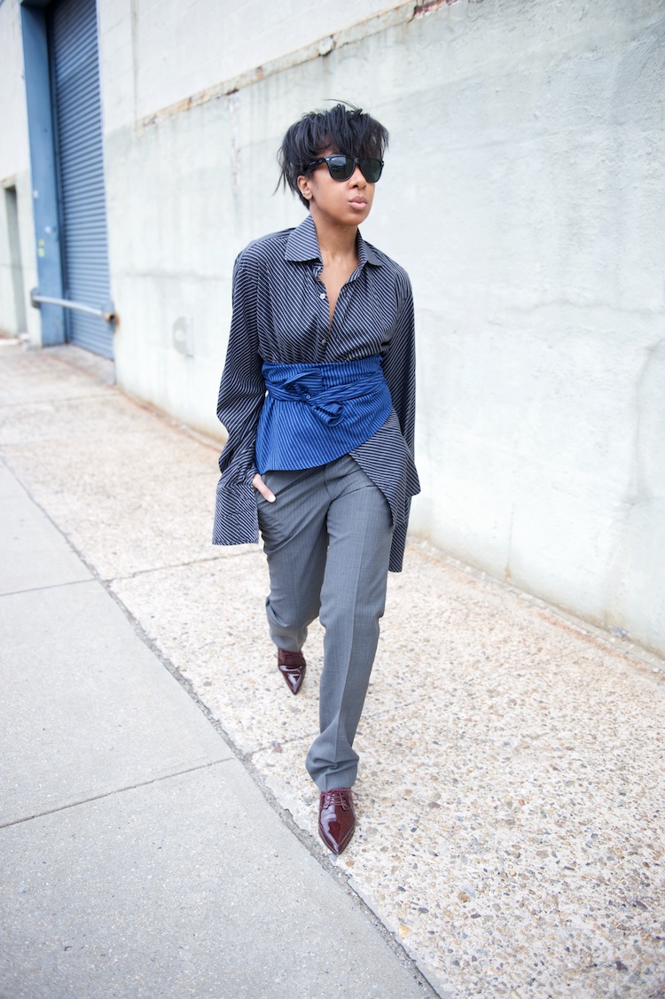 Karen Blanchard wearing Zara pointy brogues and pinstripe oversized shirt