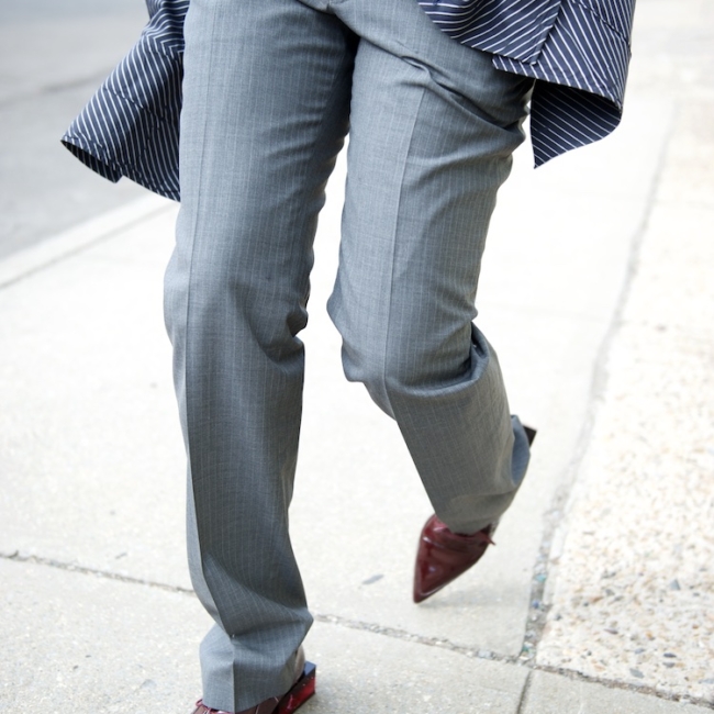 karen blanchard wearing pinstripe oversized shirt and brogues