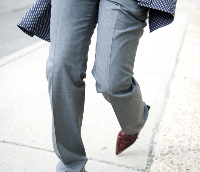 karen blanchard wearing pinstripe oversized shirt and brogues