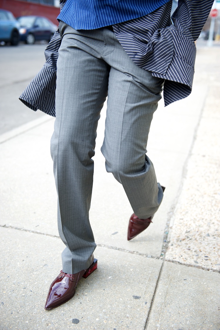 karen blanchard wearing pinstripe oversized shirt and brogues