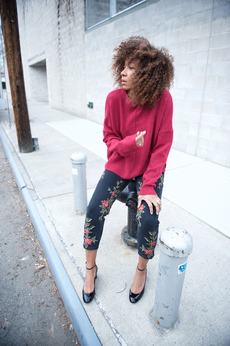 Karen Blanchard wearing Topshop embroidered floral denim jeans