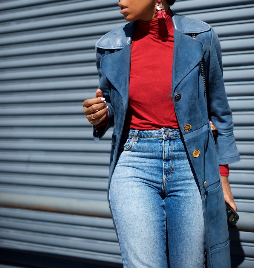 vintage suede trench coat and statement earrings