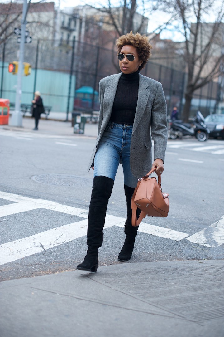 Black knee high hotsell boots with blue jeans