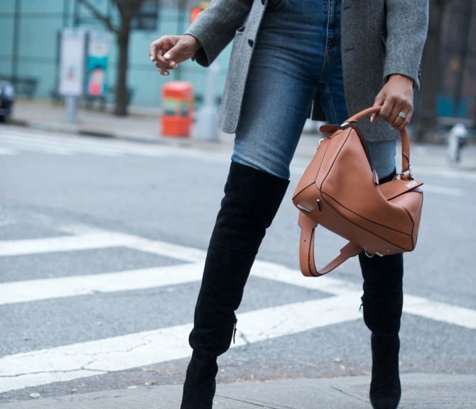 Loewe puzzle bag and stuart weitzman over the knee boots