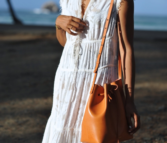 karen blanchard wearing the mansur gavirel bucket bag